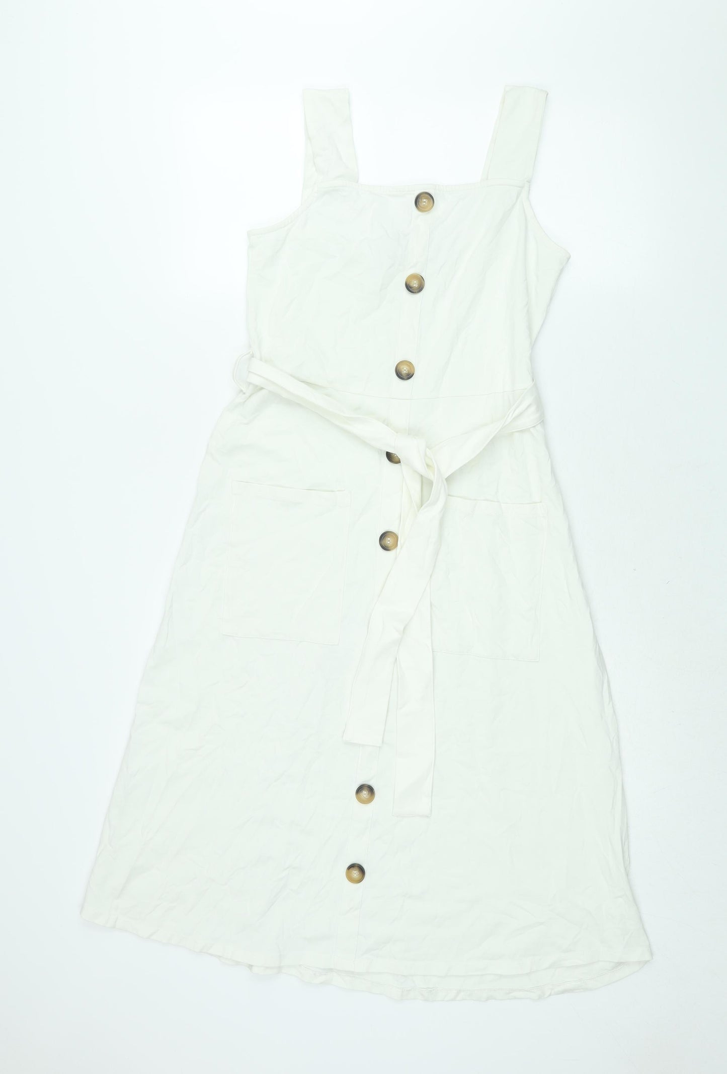 Dorothy Perkins Womens White Polyester Shift Size 12 Square Neck Pullover - Belted Button Detail