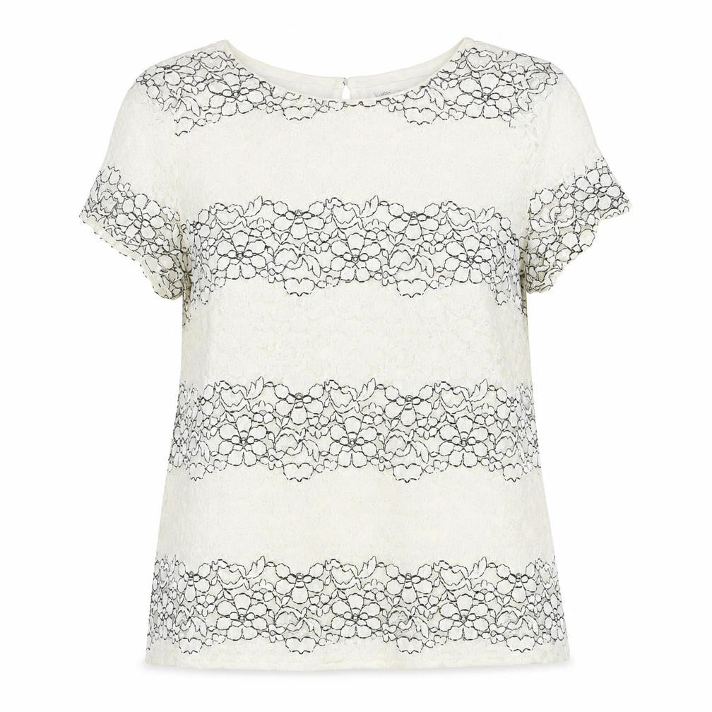 Front view of Marks & Spencer women’s ivory floral cotton basic blouse, size UK 14, round neck