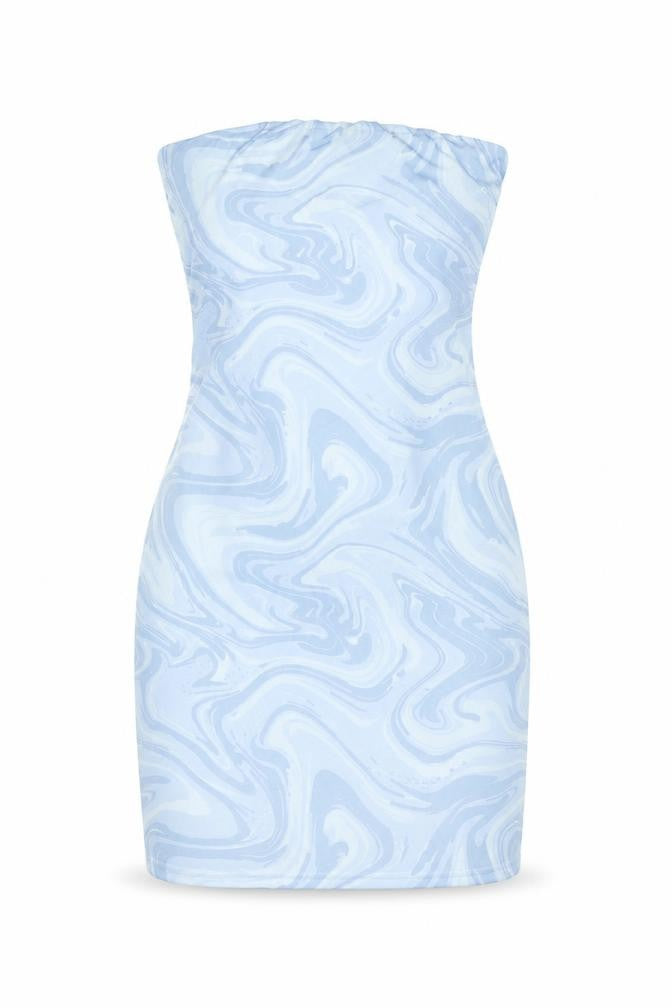 Front view of Pink Vanilla women’s blue geometric polyester mini, size UK 12, sweetheart pullover - marble print