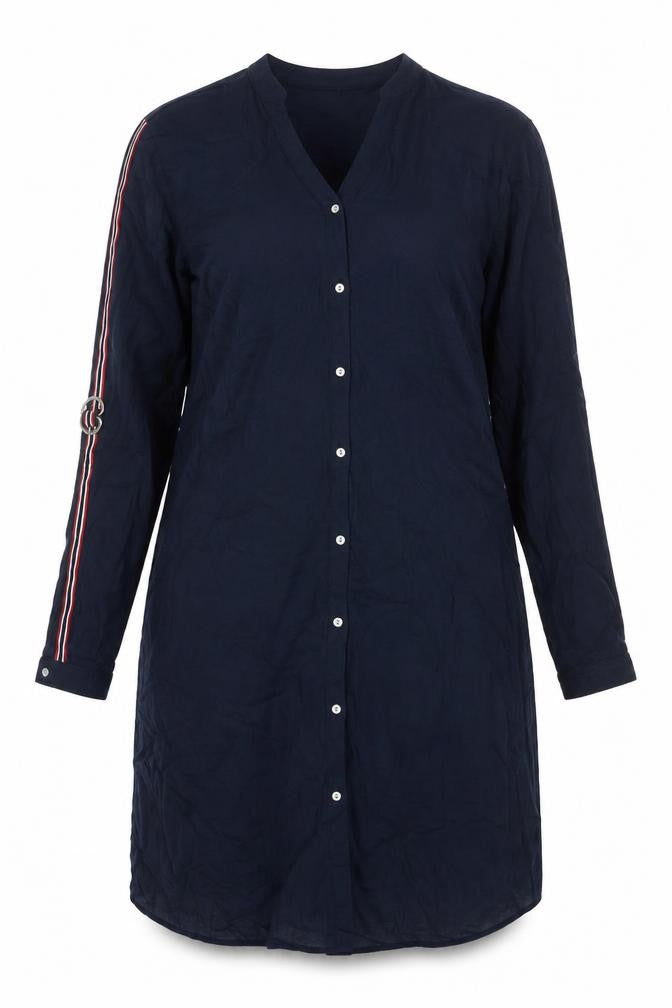 Front view of ESPRIT women’s blue viscose shift, size UK 14, v-neck button - stripe sleeve