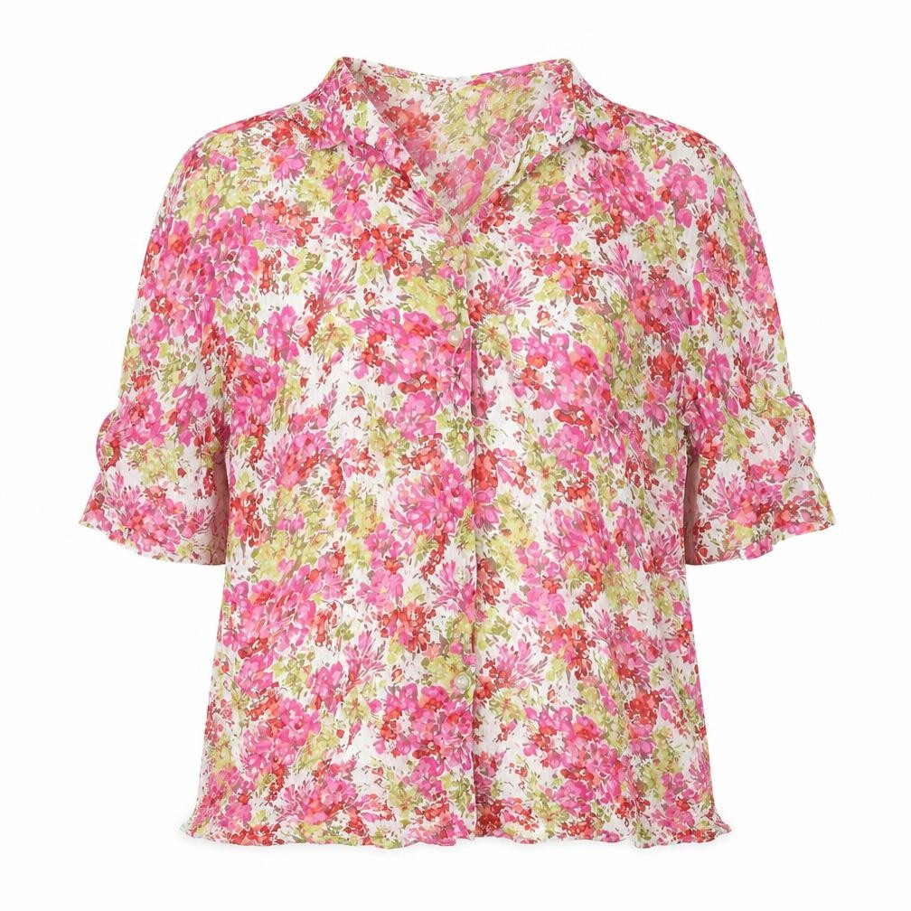 Front view of Frank Eden women’s multicoloured floral viscose basic blouse, size UK 16, collared