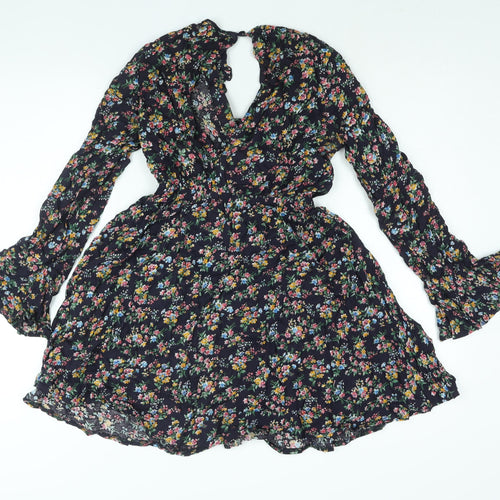Kiss the Sky Womens Black Floral Viscose A-Line Size S V-Neck Button - Frill