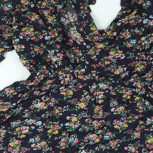 Kiss the Sky Womens Black Floral Viscose A-Line Size S V-Neck Button - Frill