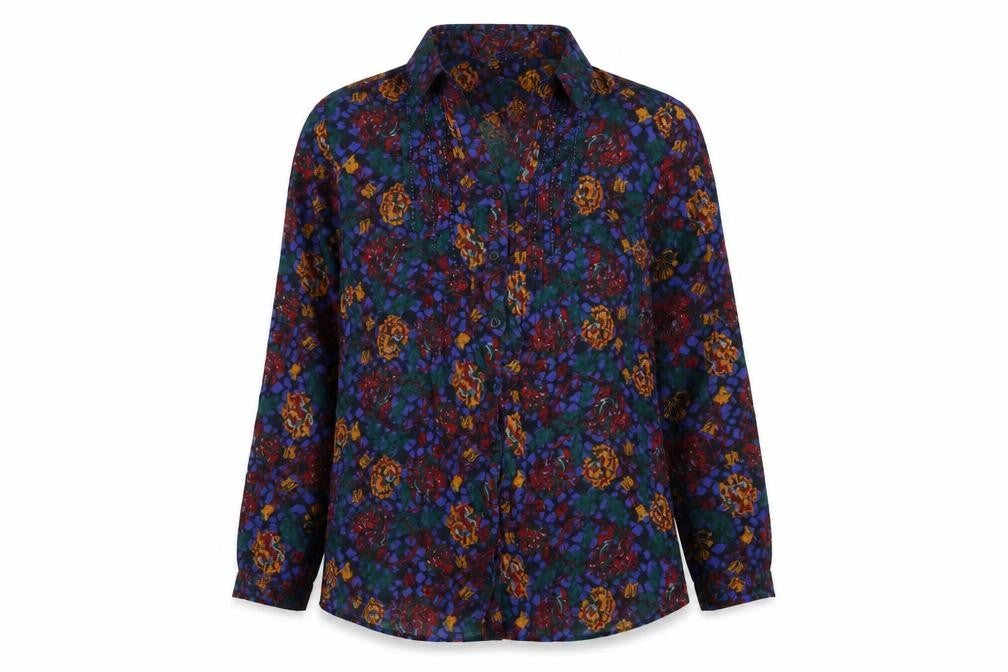 Front view of EWM women’s multicoloured floral cotton basic button-up, size UK 12, collared - beading detail