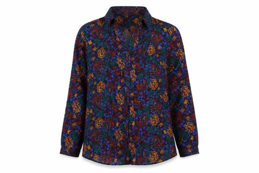 Front view of EWM women’s multicoloured floral cotton basic button-up, size UK 12, collared - beading detail