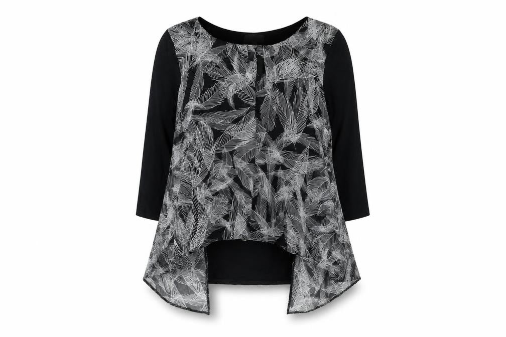 Front view of Apricot women’s black geometric polyester basic blouse, size UK 10, round neck - vented