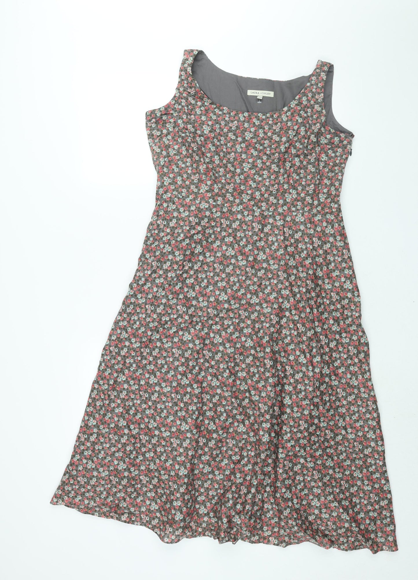 Laura Ashley Womens Multicoloured Floral Cotton Fit & Flare Size 14 Boat Neck Zip