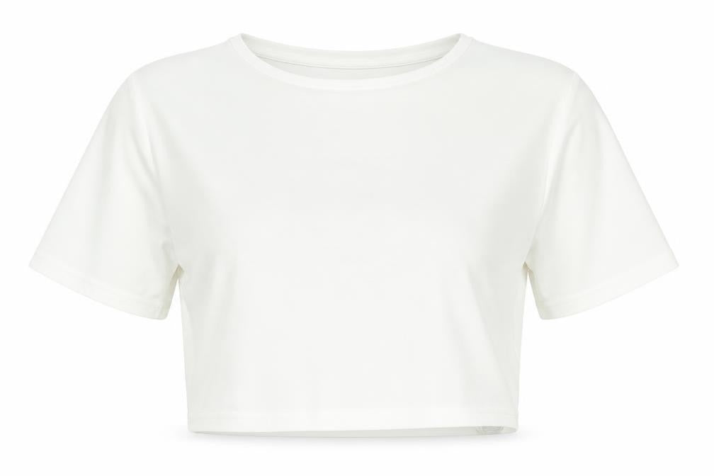 Front view of PRETTYLITTLETHING women’s white polyester cropped t-shirt, size UK 6, round neck