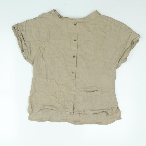 Celmia Womens Brown Cotton Basic Blouse Size S Round Neck - Button Pocket