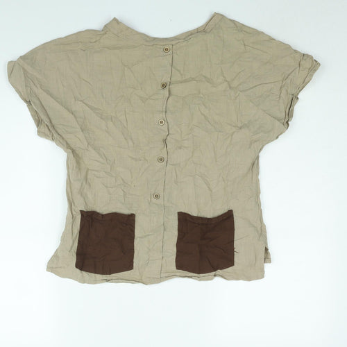 Celmia Womens Brown Cotton Basic Blouse Size S Round Neck - Button Pocket