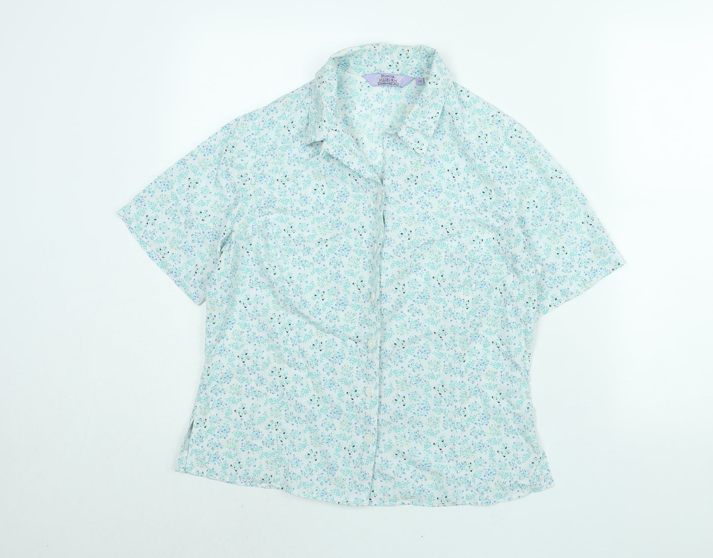 EWM Womens Blue Floral Polyester Basic Button-Up Size 14 Collared