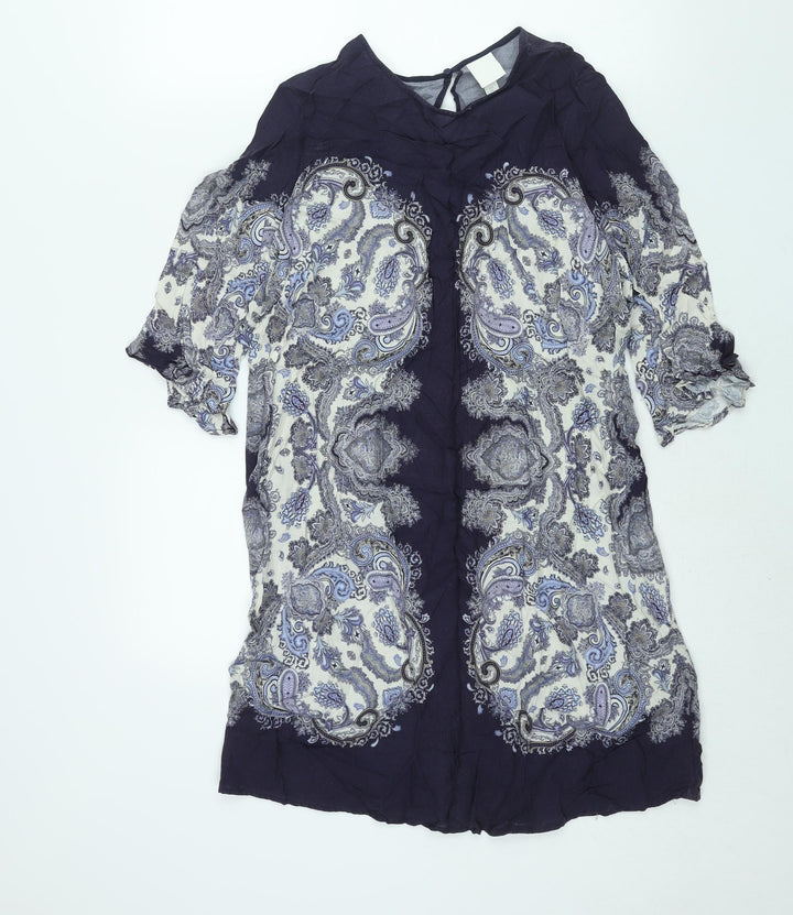 H&M Womens Purple Paisley Viscose Shift Size 12 Round Neck Button