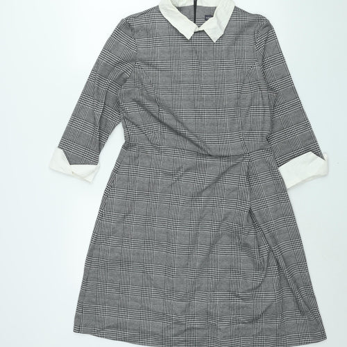 Marks and Spencer Womens Grey Check Polyester Shift Size 12 Collared Zip