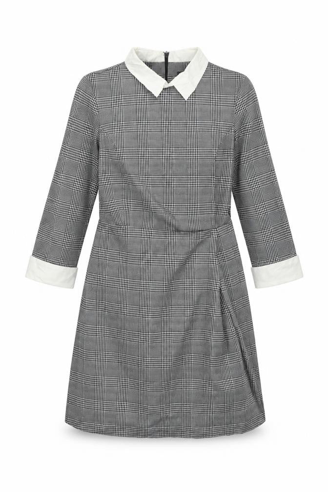 Front view of Marks & Spencer women’s grey check polyester shift, size UK 12, collared zip