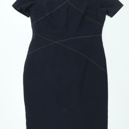 Marks and Spencer Womens Blue Polyester Shift Size 16 Round Neck Zip - Stitch Detail