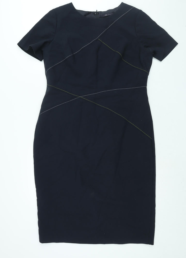 Marks and Spencer Womens Blue Polyester Shift Size 16 Round Neck Zip - Stitch Detail