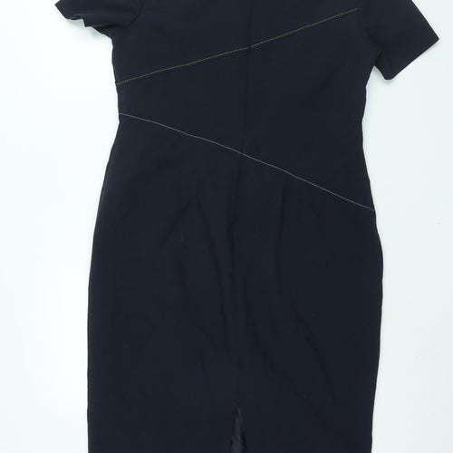 Marks and Spencer Womens Blue Polyester Shift Size 16 Round Neck Zip - Stitch Detail