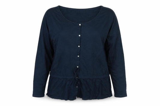 Front view of Women'secret women’s blue viscose basic button-up, size 2XL, round neck - drawstring detail