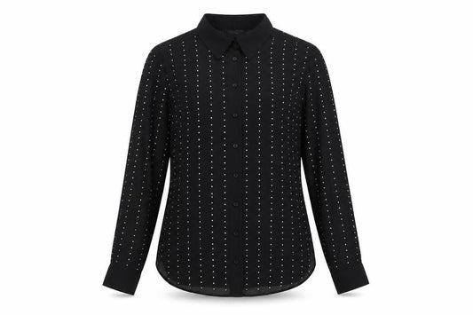Front view of Marks & Spencer women’s black polyester basic button-up, size UK 6, collared - studded
