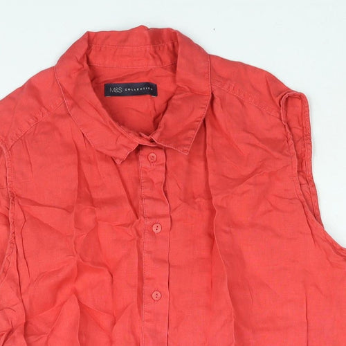 Marks and Spencer Womens Pink Linen Basic Button-Up Size 16 Collared