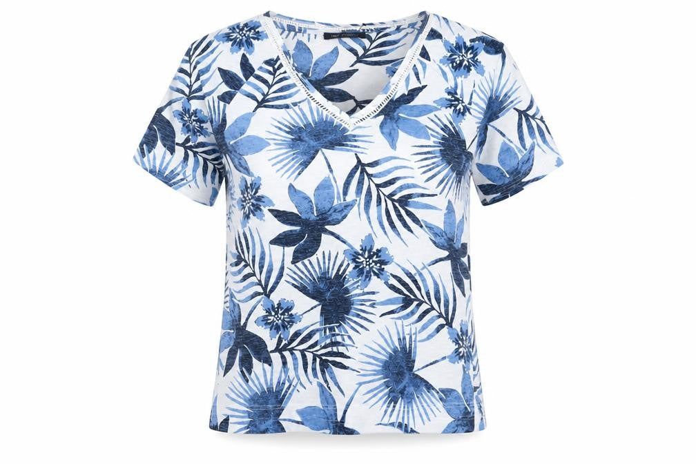 Front view of Marks & Spencer women’s blue floral polyester basic blouse, size UK 10, v-neck