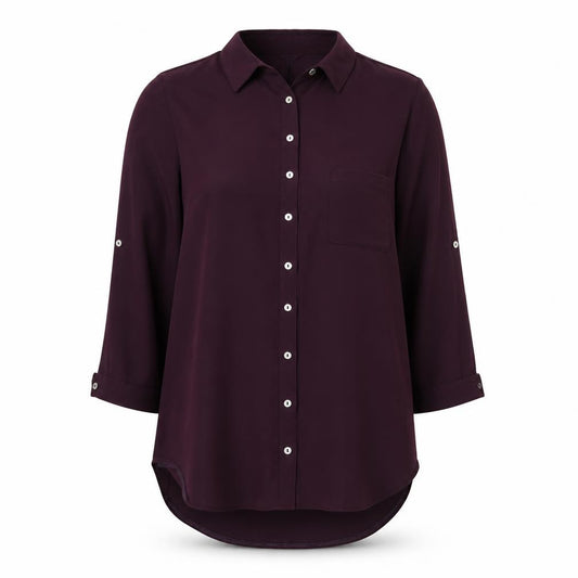 Front view of Dorothy Perkins women’s purple polyester basic button-up, size UK 10, collared
