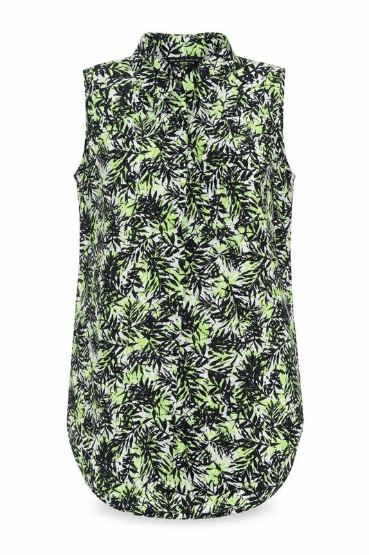 Front view of Dorothy Perkins women’s green geometric polyester basic button-up, size UK 10, collared - leaf print