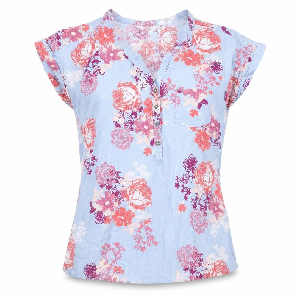 Front view of M&Co women’s blue floral linen basic blouse, size UK 10, v-neck
