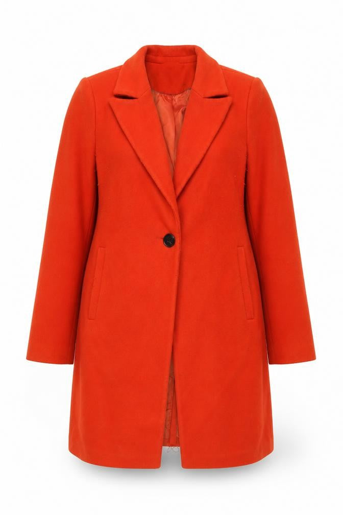 Front view of DEPT women’s orange overcoat coat, size UK 10, button