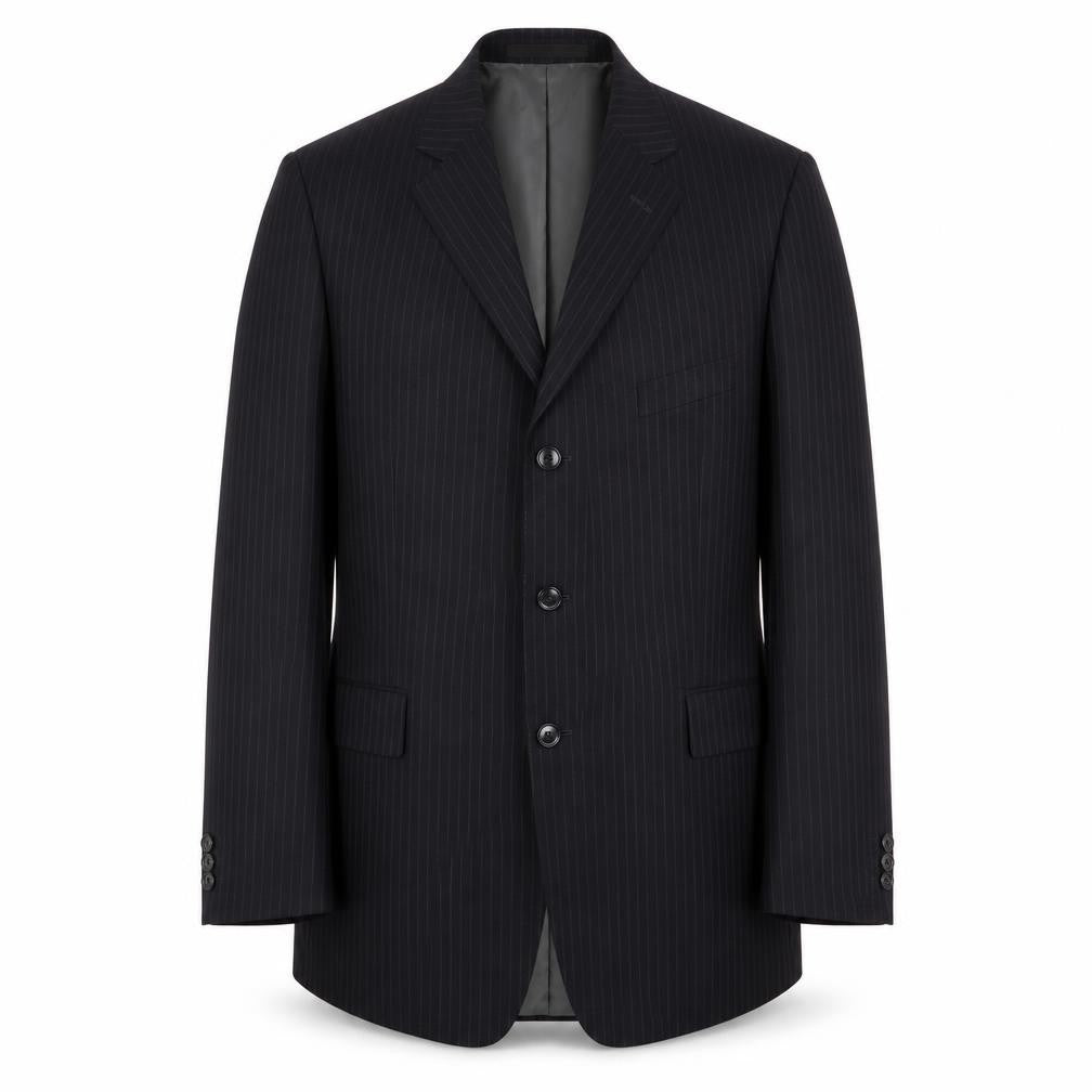 Front view of Marks & Spencer men’s black striped polyester jacket suit jacket, size 44, regular