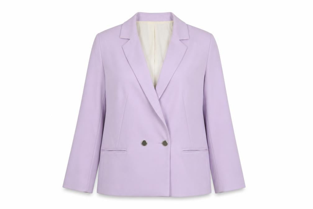 Front view of River Island women’s purple jacket blazer, size UK 14, button