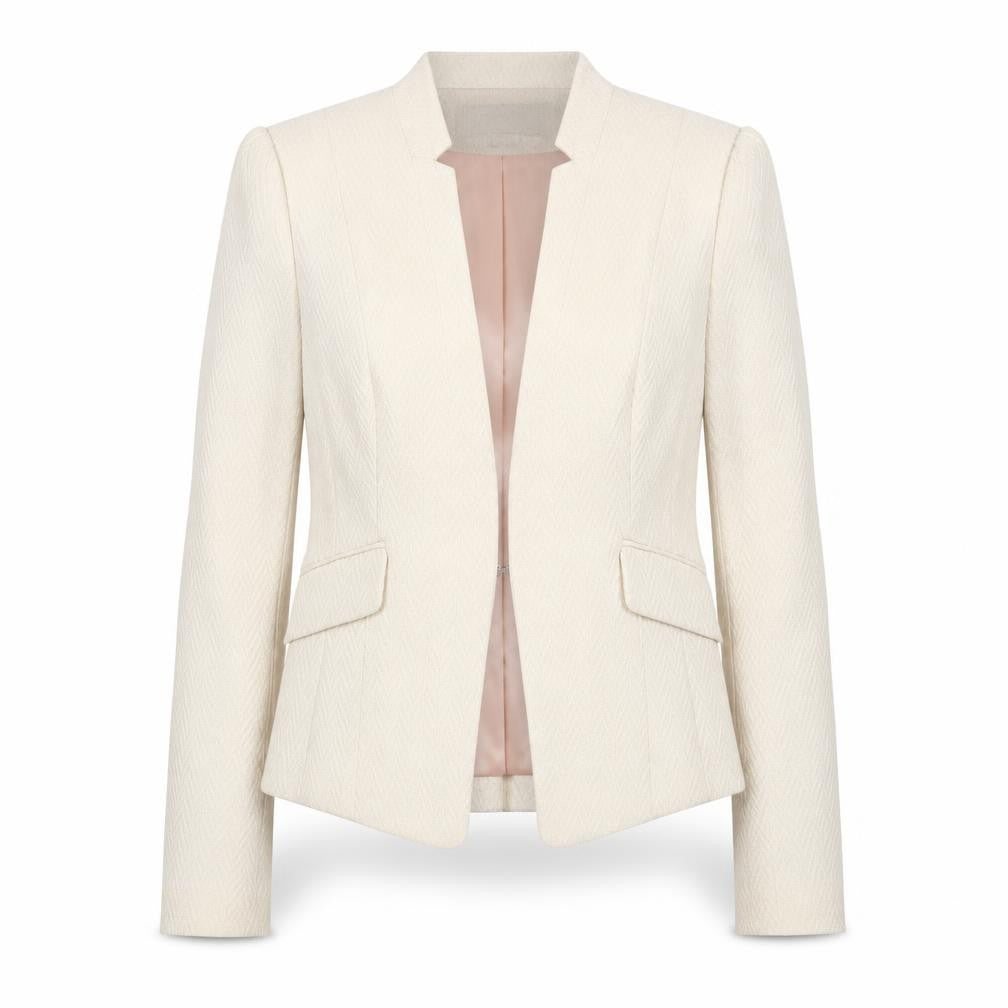 Front view of H&M women’s beige jacket blazer, size UK 8, hook & eye