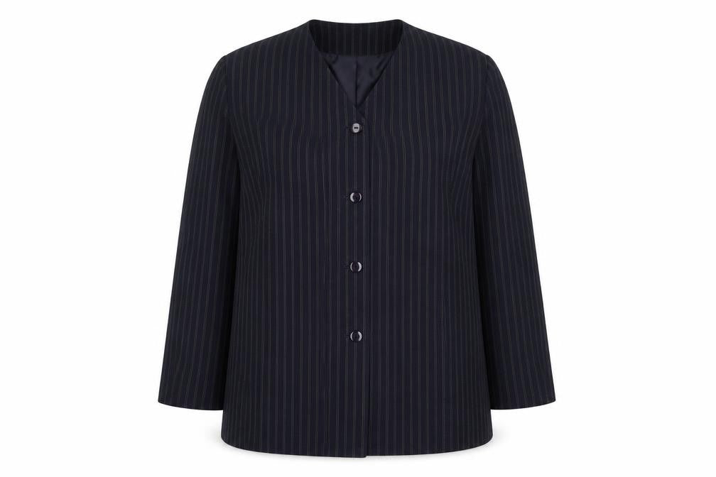 Front view of ELVI women’s blue striped jacket blazer, size UK 20, button
