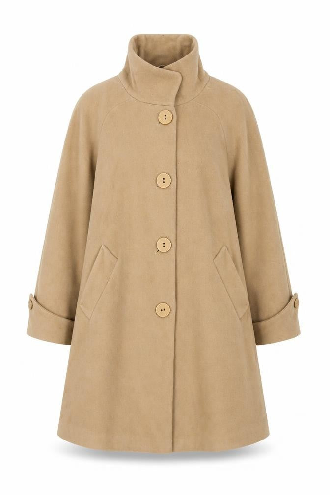 Front view of John Lewis women’s beige overcoat coat, size UK 10, button