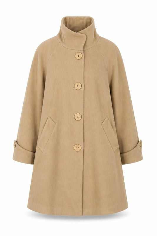 Front view of John Lewis women’s beige overcoat coat, size UK 10, button