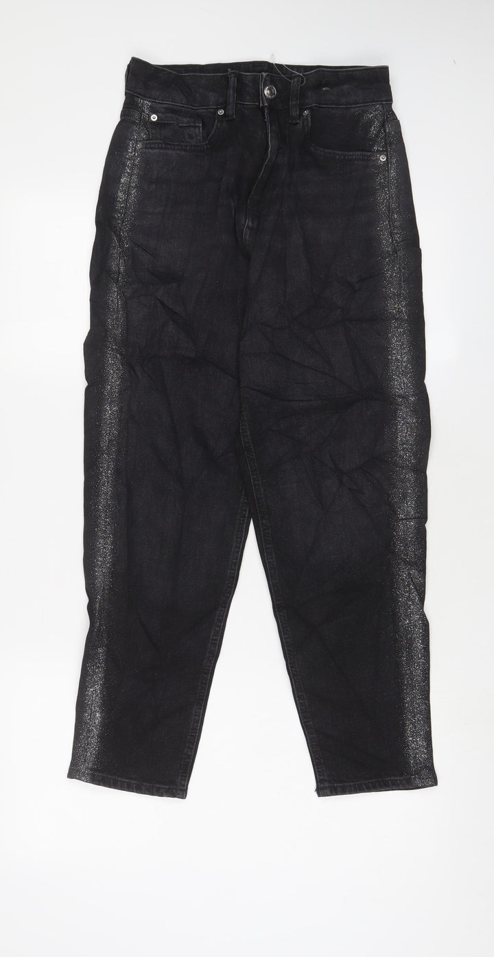 Marks and Spencer Womens Black Cotton Mom Jeans Size 8 L26 in Regular Zip - Glitter