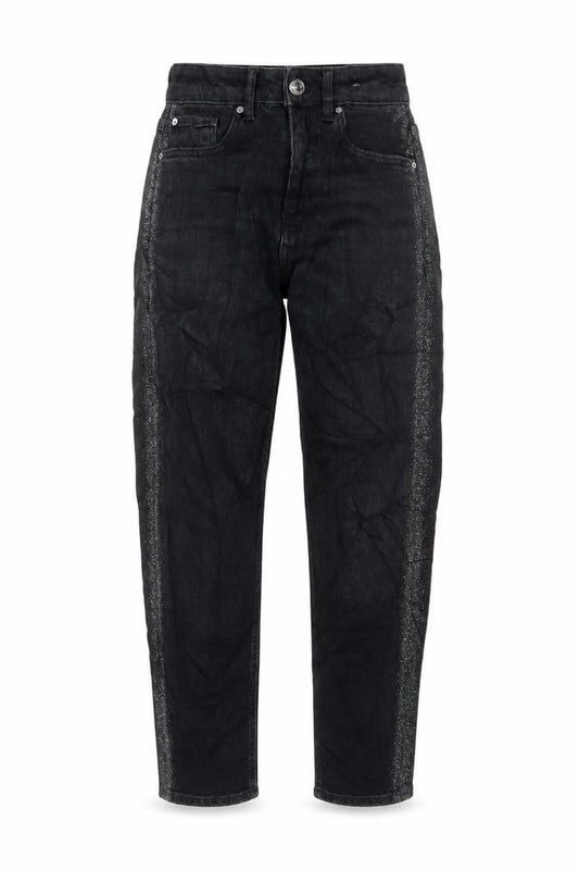 Front view of Marks & Spencer women’s black cotton mom jeans, size UK 8, 26-inch leg regular zip - glitter