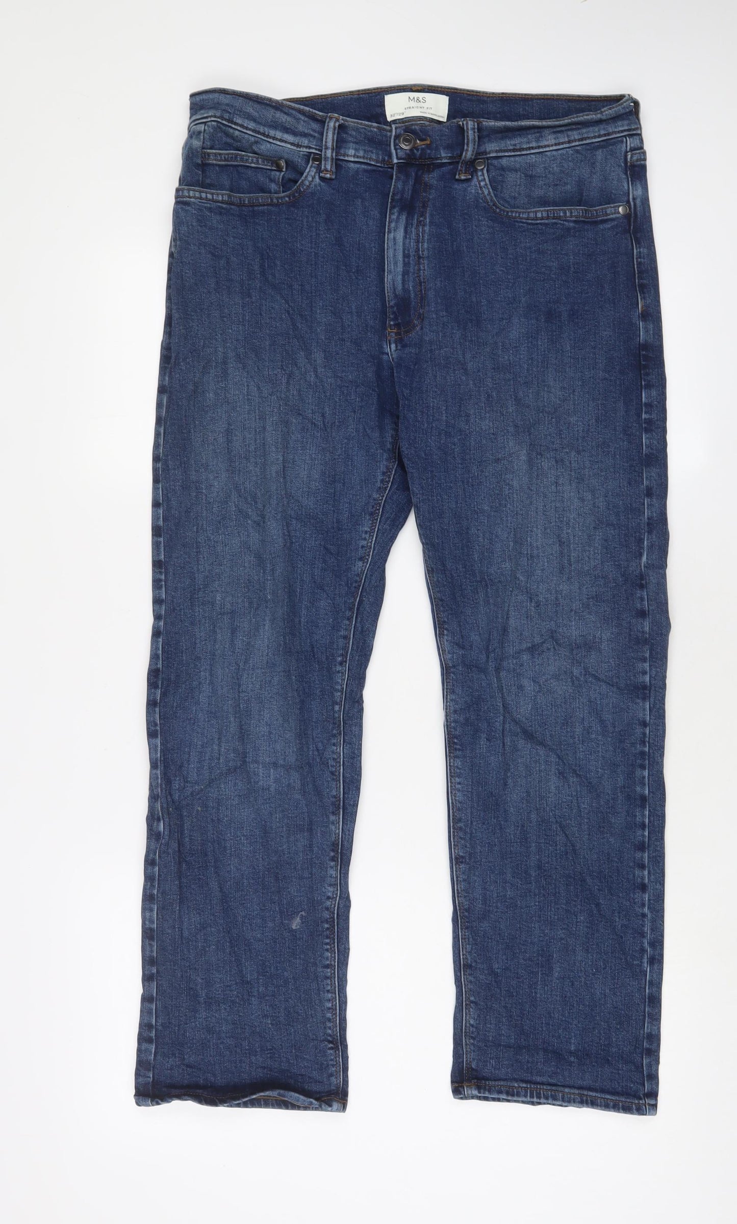 Marks and Spencer Mens Blue Cotton Straight Jeans Size 32 in L29 in Regular Zip - Short Leg