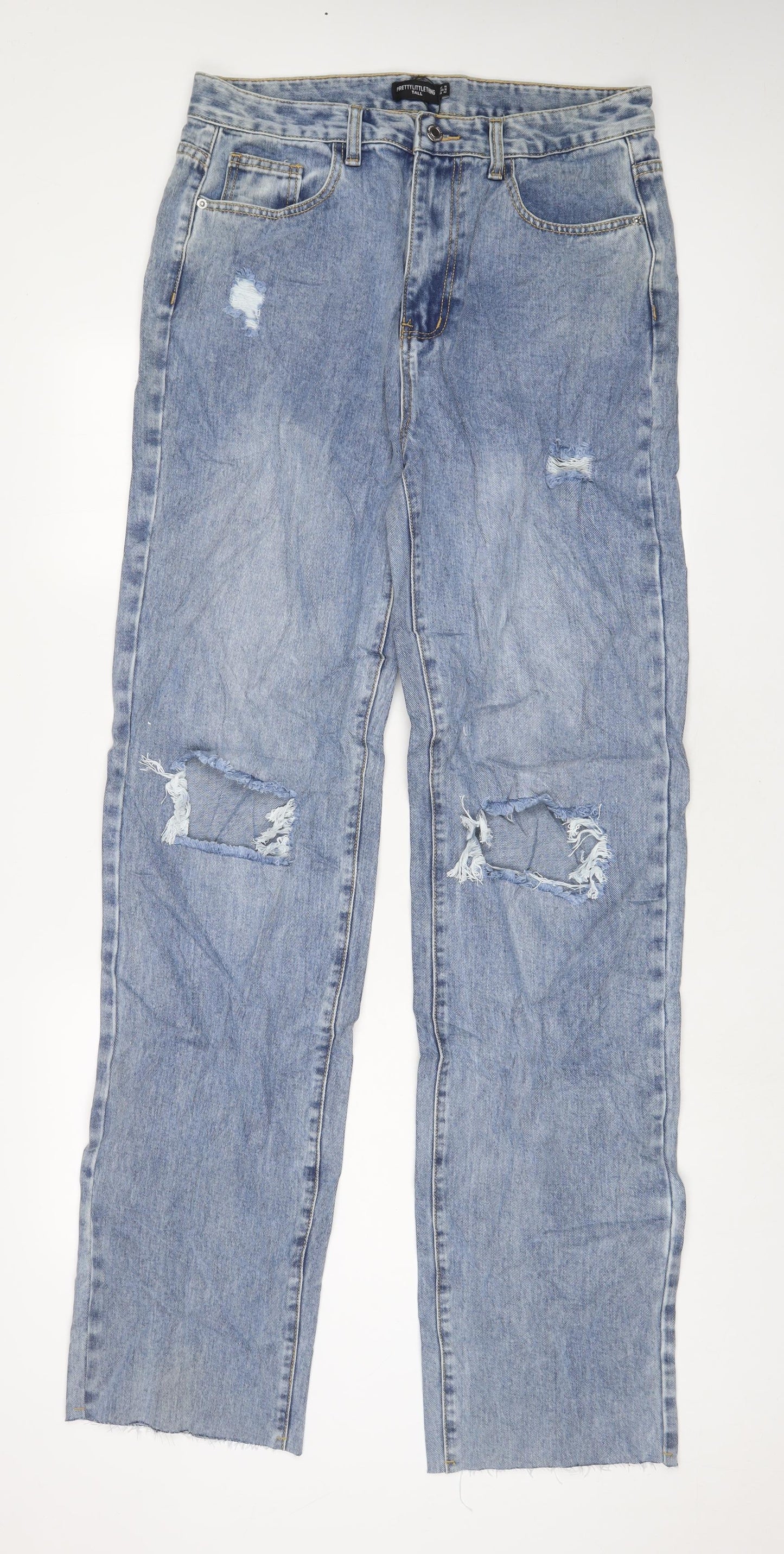 PRETTYLITTLETHING Womens Blue Cotton Straight Jeans Size 14 L37 in Regular Zip