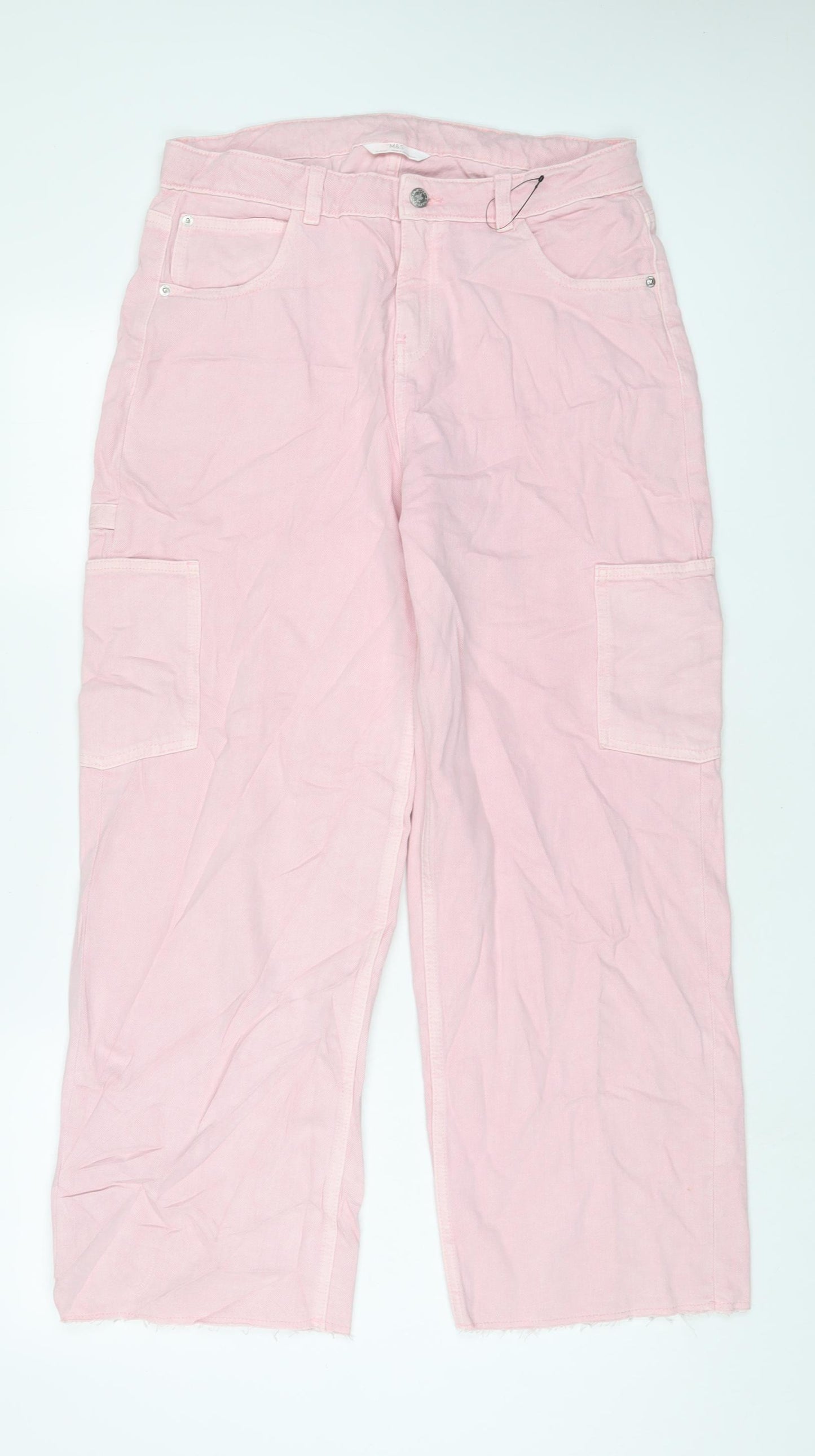 Marks and Spencer Girls Pink Cotton Wide-Leg Jeans Size 15-16 Years L27 in Regular Zip