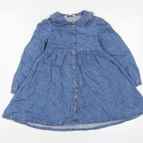 Marks and Spencer Girls Blue Cotton A-Line Size 5-6 Years Collared Button