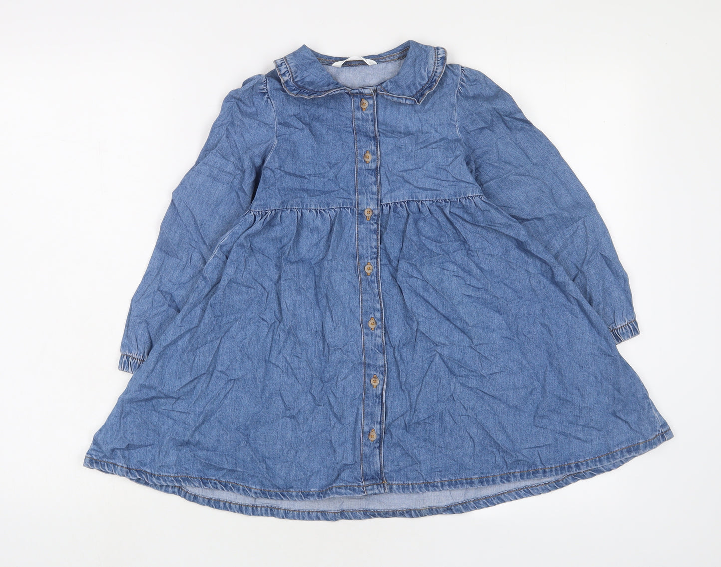 Marks and Spencer Girls Blue Cotton A-Line Size 5-6 Years Collared Button