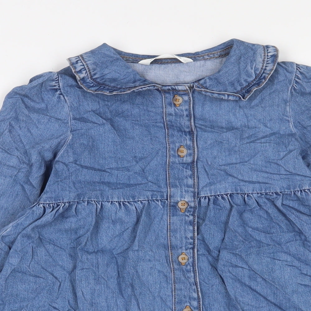 Marks and Spencer Girls Blue Cotton A-Line Size 5-6 Years Collared Button