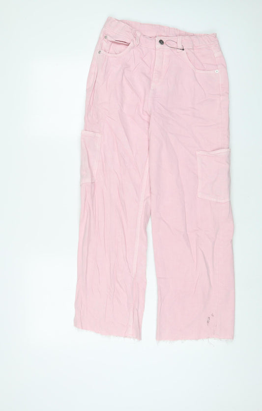 Marks and Spencer Girls Pink Cotton Wide-Leg Jeans Size 12-13 Years L26 in Regular Zip