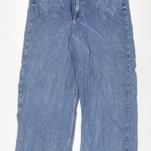 Per Una Womens Blue Cotton Wide-Leg Jeans Size 16 L30 in Regular Zip
