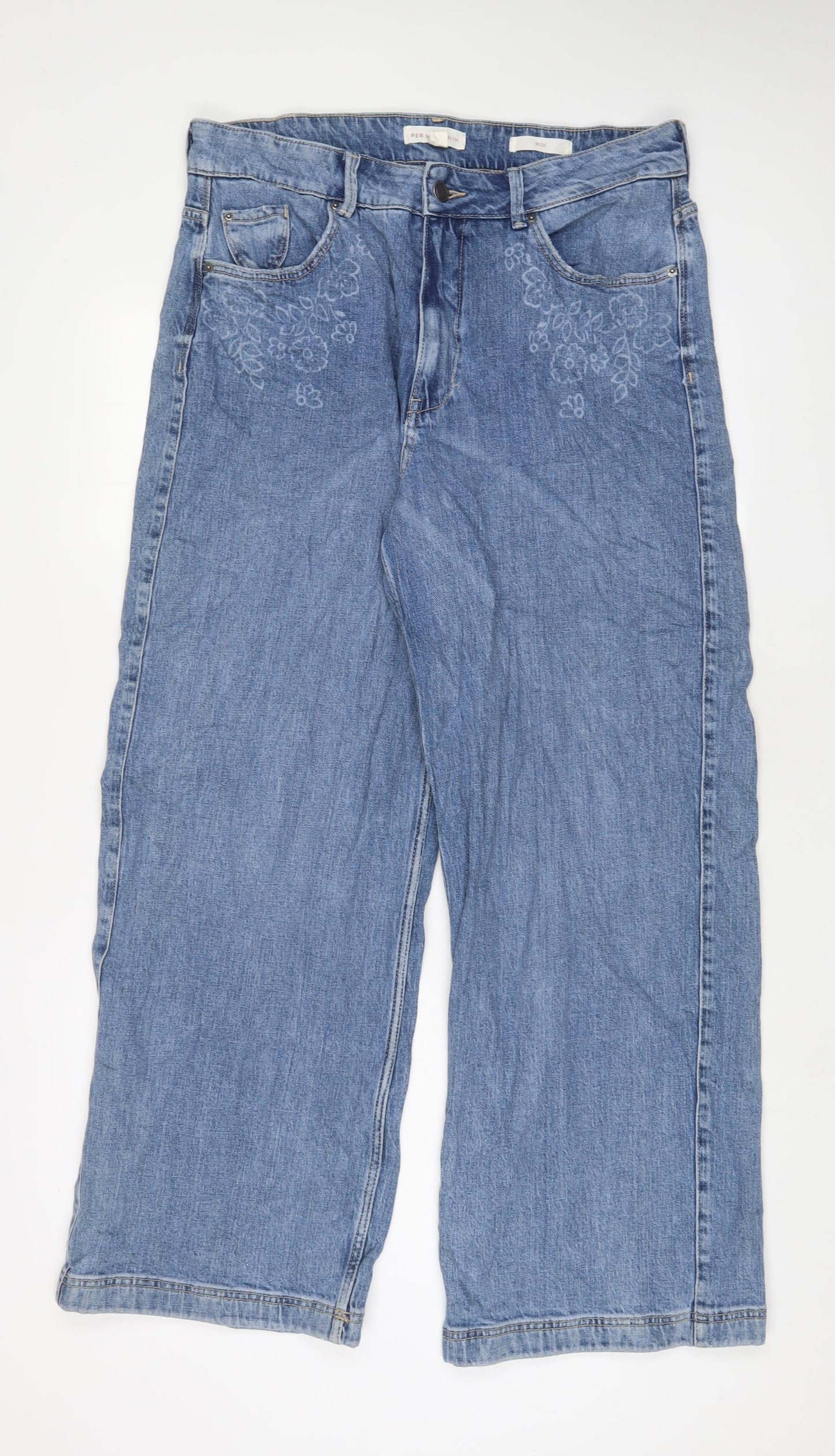 Per Una Womens Blue Cotton Wide-Leg Jeans Size 16 L30 in Regular Zip