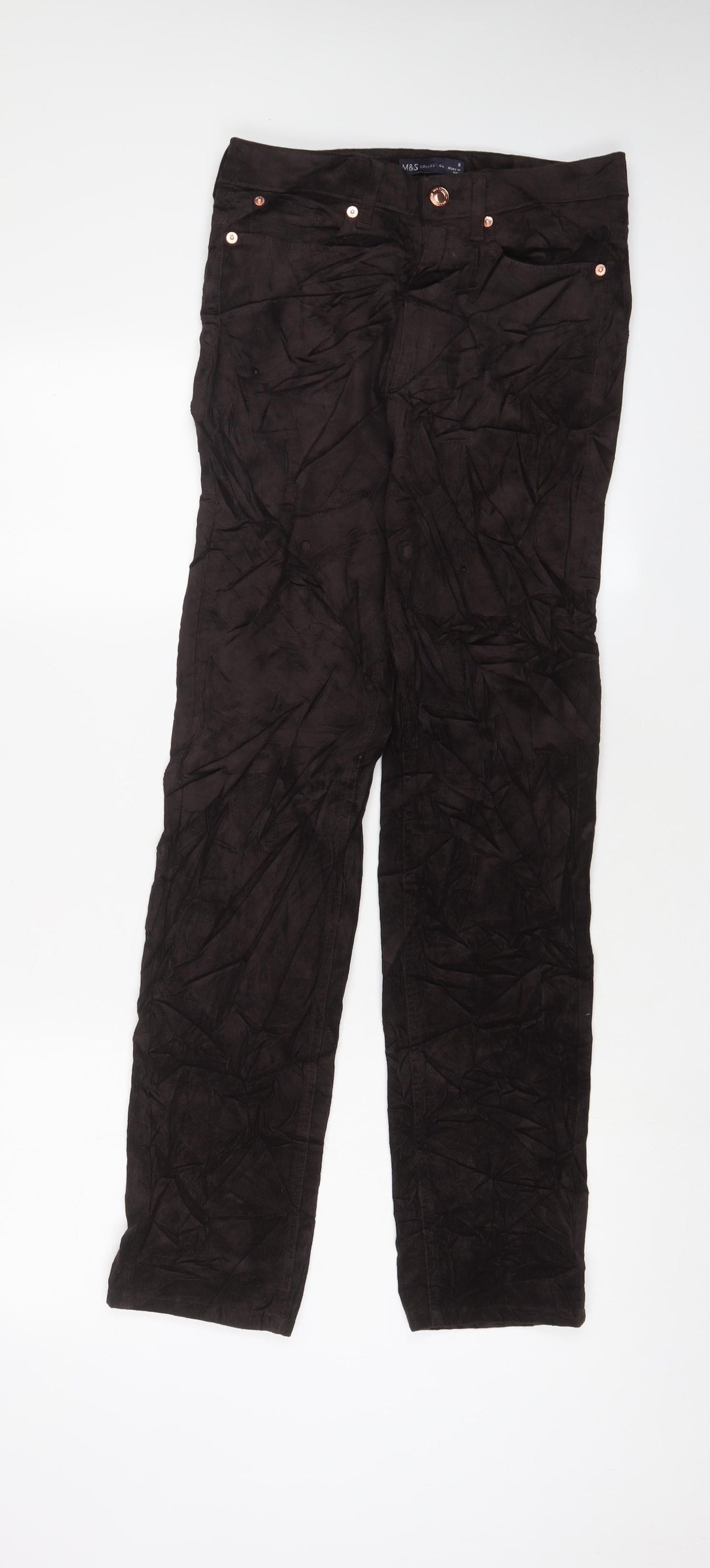 Marks and Spencer Womens Brown Cotton Trousers Size 8 L30 in Extra-Slim Zip