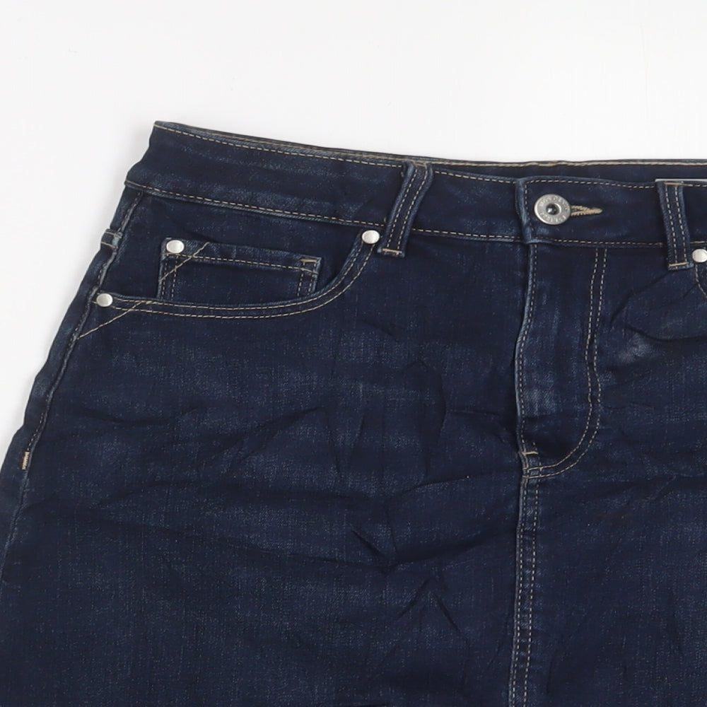 Marks and Spencer Womens Blue Cotton Mini Skirt Size 10 Zip