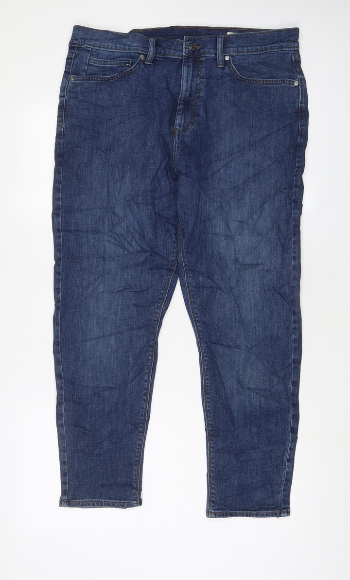 Marks and Spencer Womens Blue Cotton Tapered Jeans Size 34 in L29 in Regular Zip - Short Leg