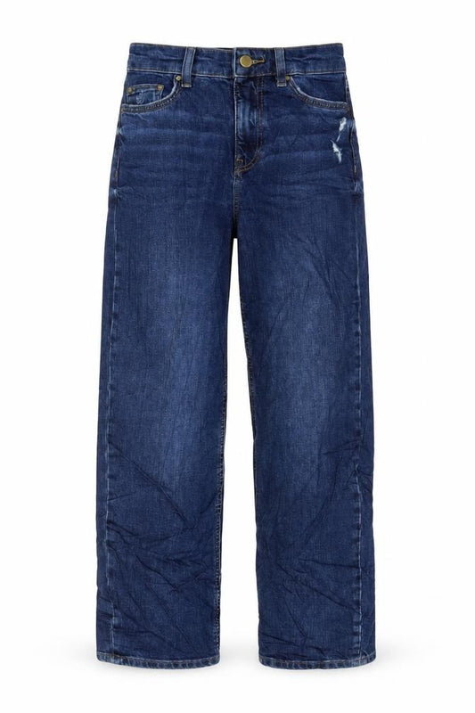 Front view of Marks & Spencer women’s blue cotton boyfriend jeans, size UK 6, 30-inch leg regular zip